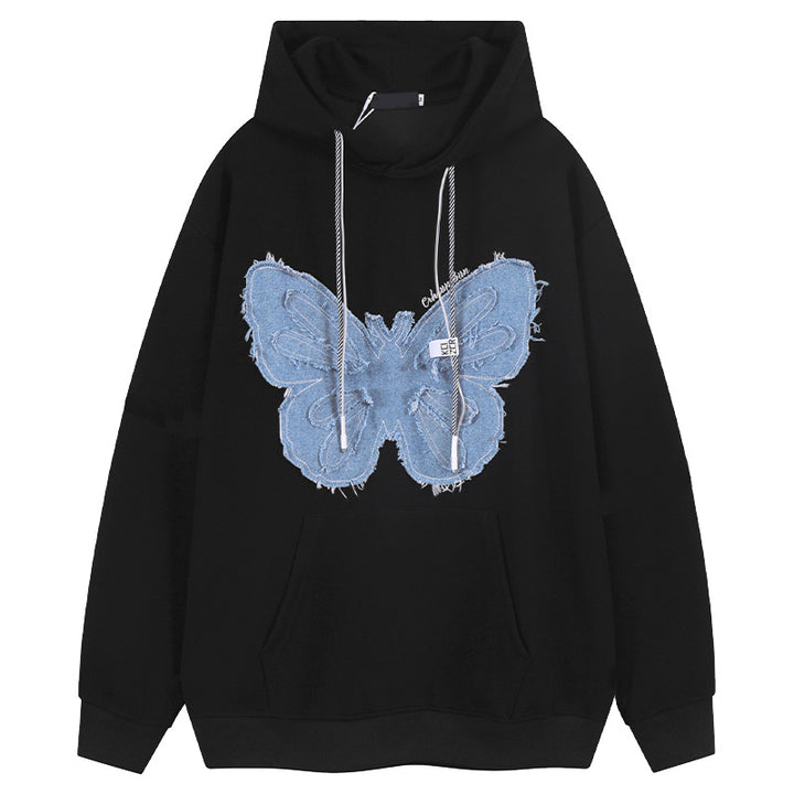 Retro Patch Denim Butterfly Flower Hooded Sweatshirt