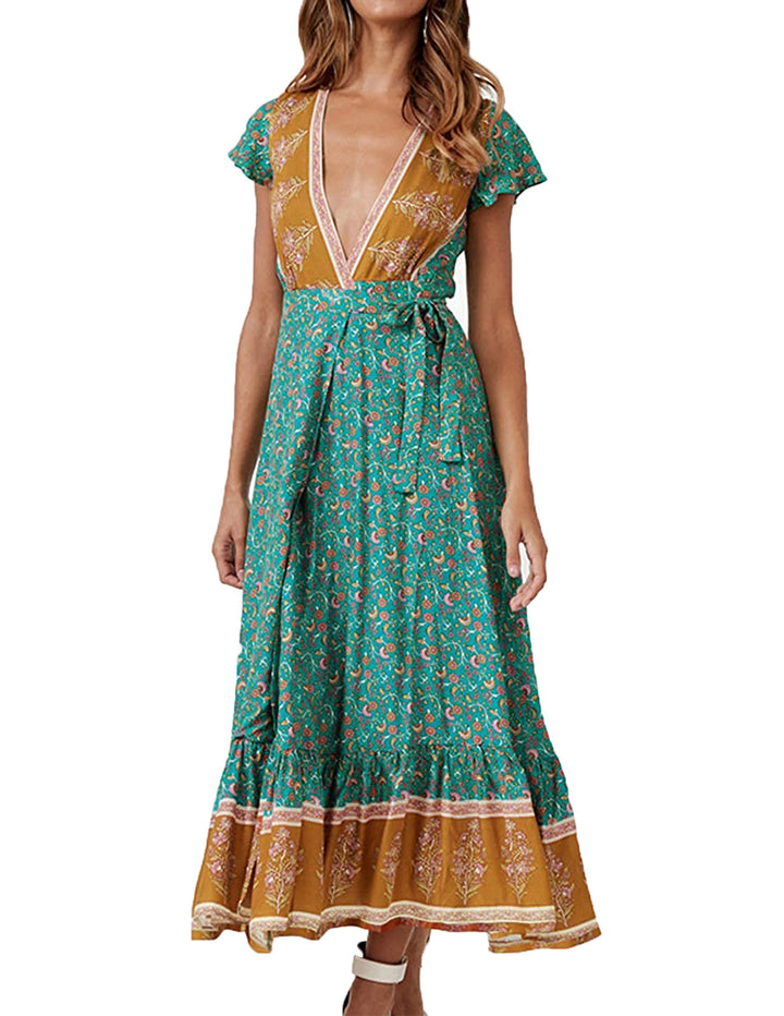 V-neck Split Bohemian Print Dress