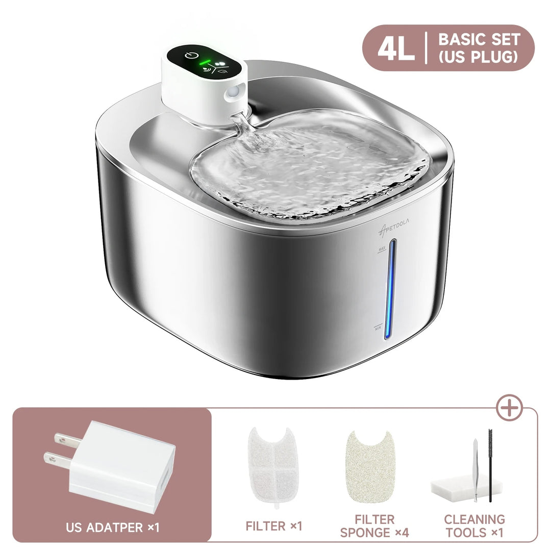 4L Stainless Steel Wireless Pet Water Fountain with Motion Sensor