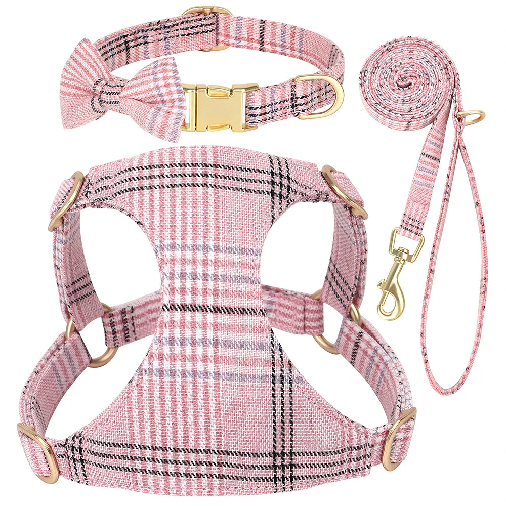 Fashion Dog Collar Harness Leash Set with Bowtie