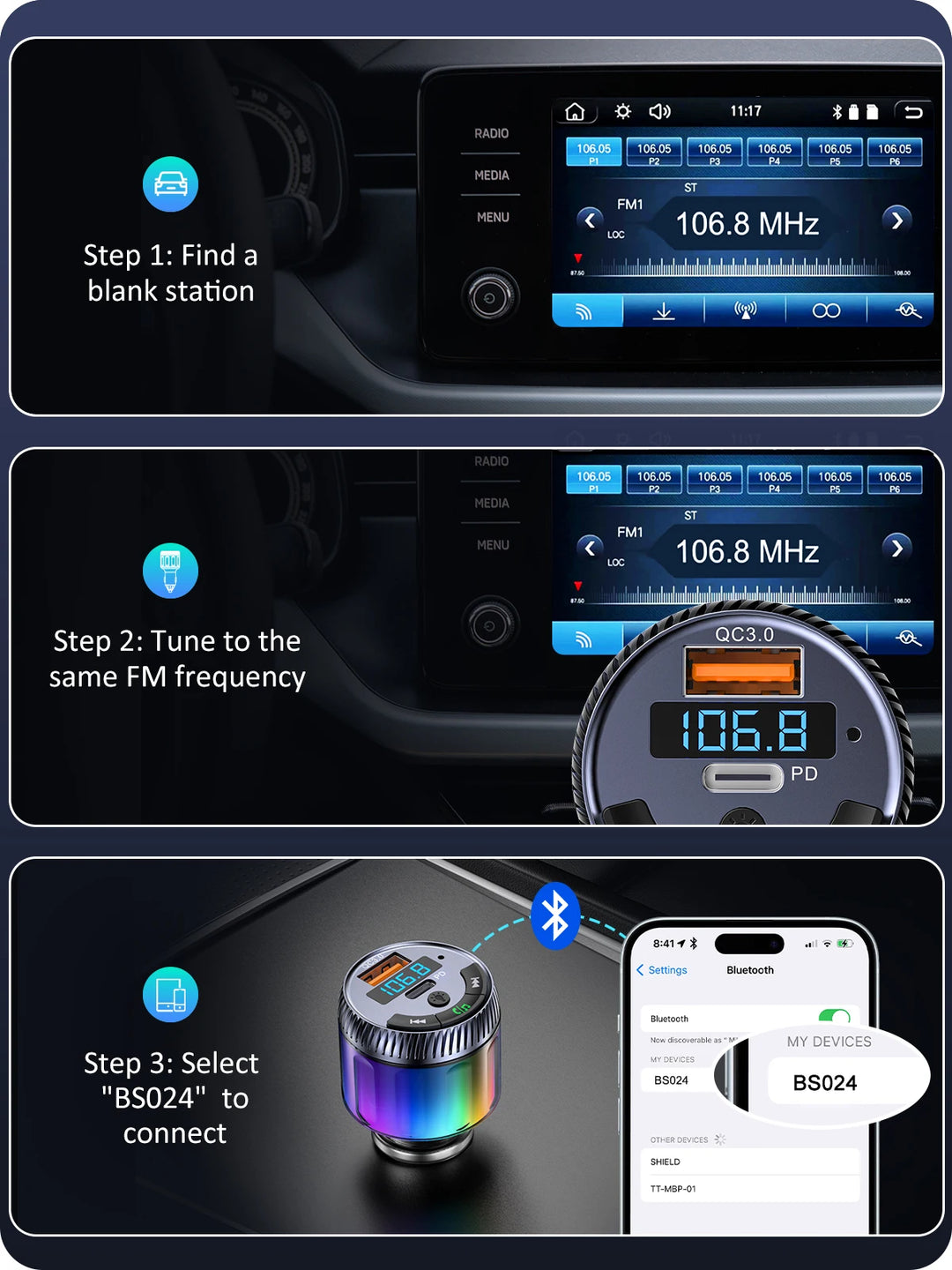 Bluetooth 5.3 FM Transmitter with PD 30W & QC 18W Fast Charger, LED Ambient Light