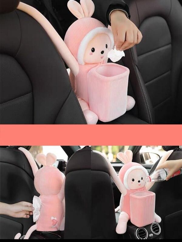 Cartoon Plush Car Tissue Holder with Integrated Trash Cabin