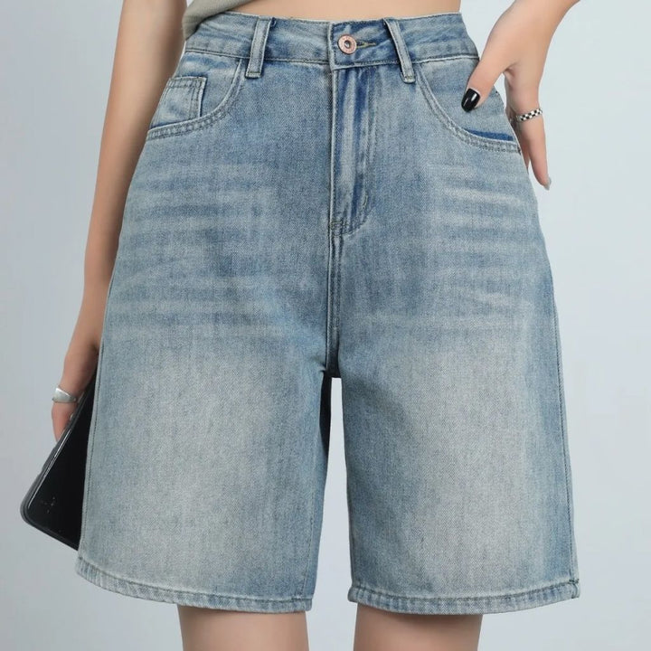 High Waist Knee Length Denim Shorts for Women