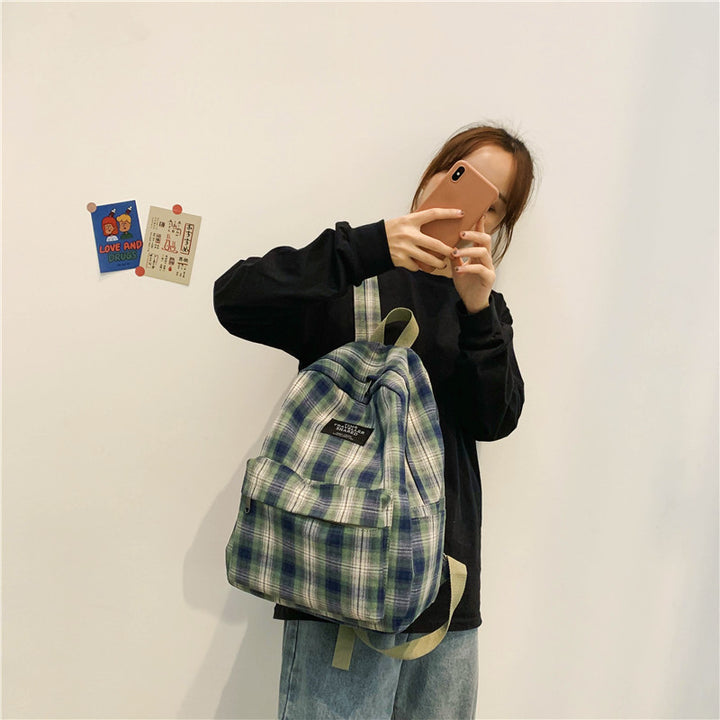 Korean Style Plaid Canvas Casual Schoolbag Simple And Fashionable