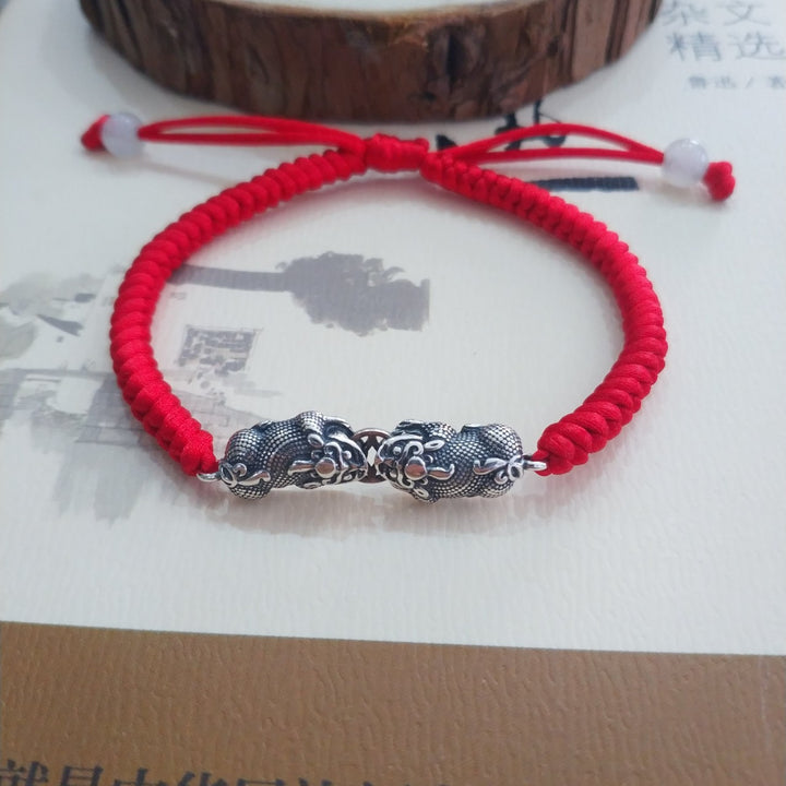 925 Sterling Silver Bitten Coin Double Pixiu Red String Bracelet