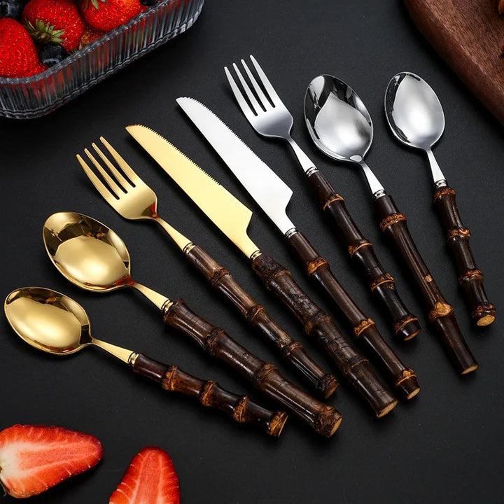 Black Bamboo Dinnerware Set - Upscale Stainless Steel Fork and Spoon Tableware