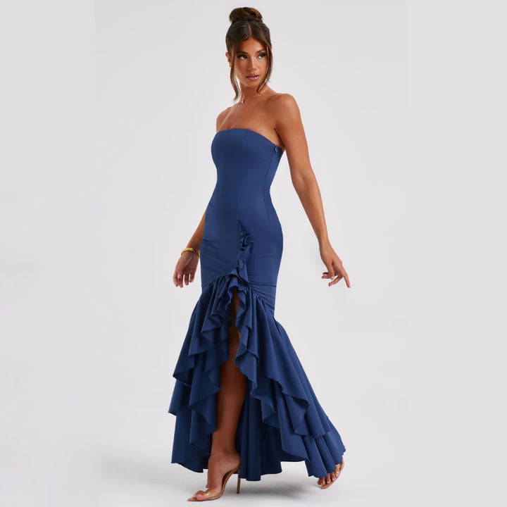 Blue Ruffles Evening Party Dress