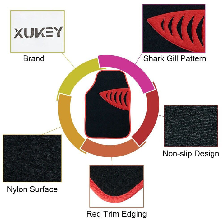 Universal Car Floor Mats with Red Trim Edging & Shark Gill Pattern