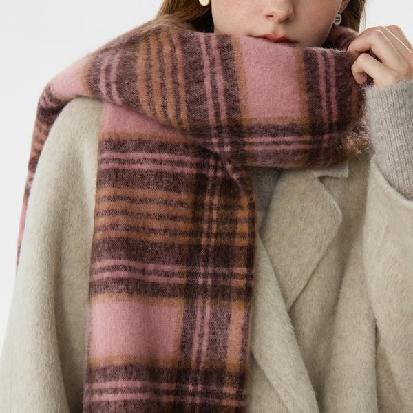 Cozy Plaid Winter Scarf for Women – Pink Coffee Tassel Design, Warm and Stylish