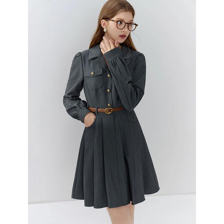 Elegant Grey Office Lady Belted Suit Dress