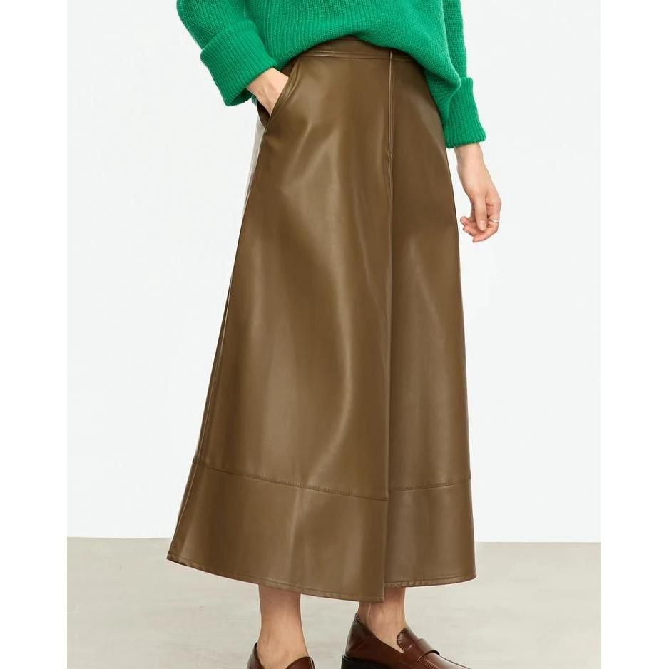 Elegant Autumn Ankle-Length A-Line Leather Midi Skirt for Women