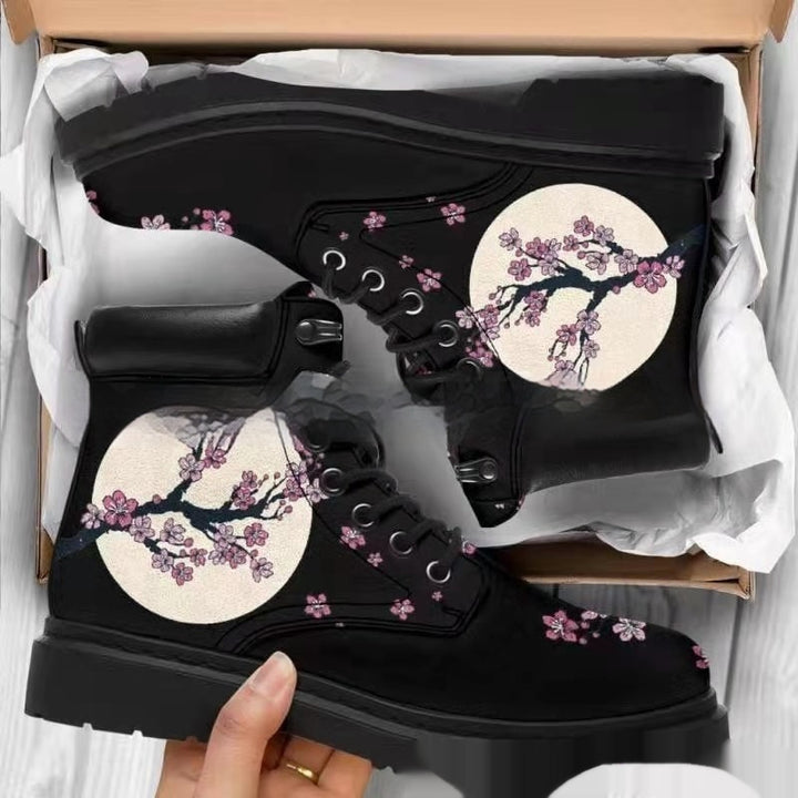 Women's Printed Cartoon Lace-up High-top Leather Boots