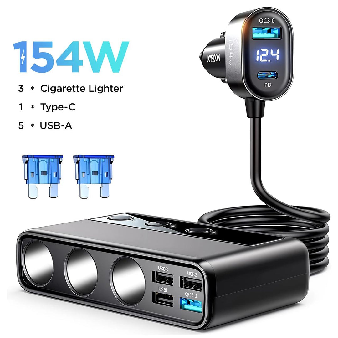 154W 9-in-1 Car Charger Adapter with 3 Sockets, 6 USB Ports, Fast Charging