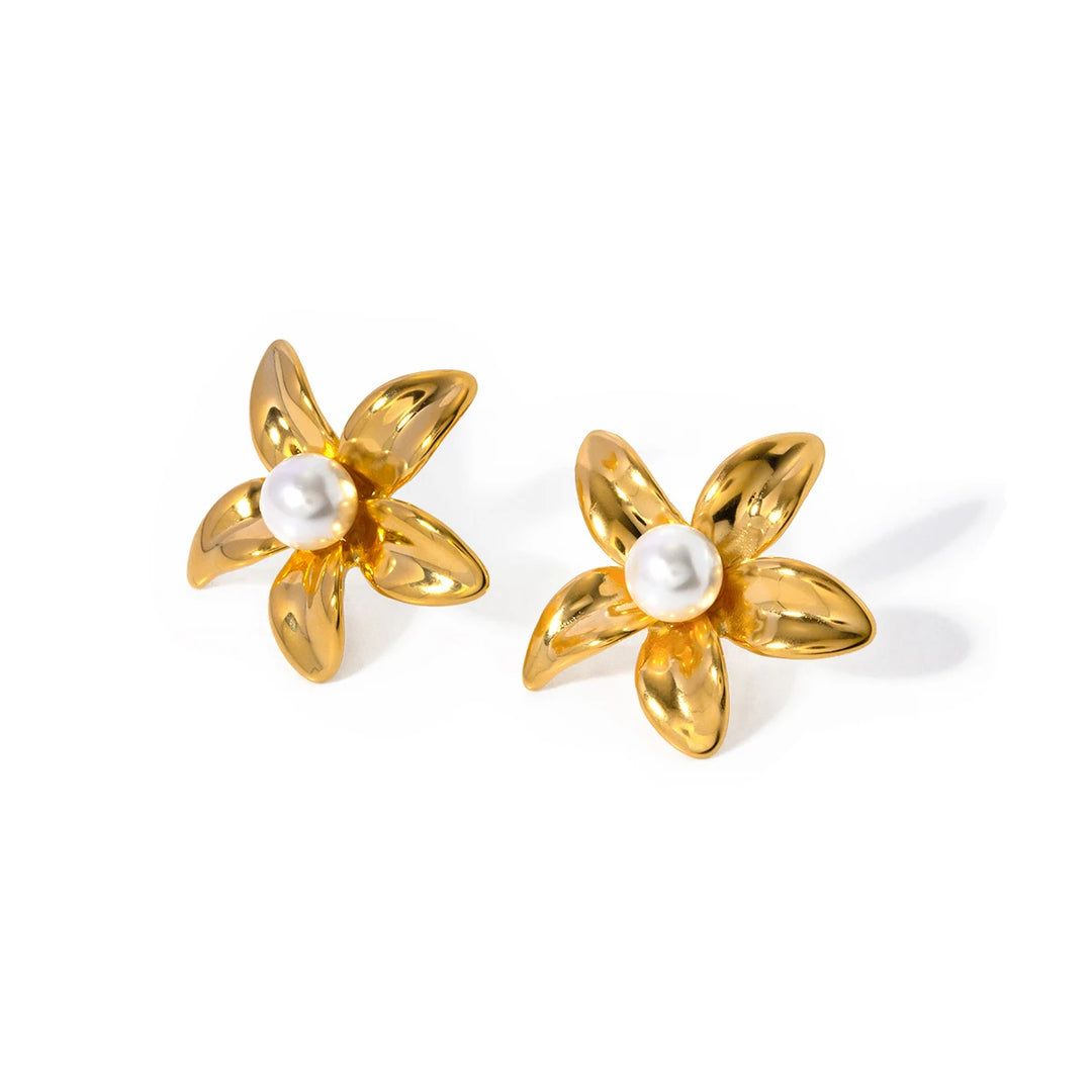 18K Gold Flower Shaped Stainless Steel Earrings with Pearl Inlay