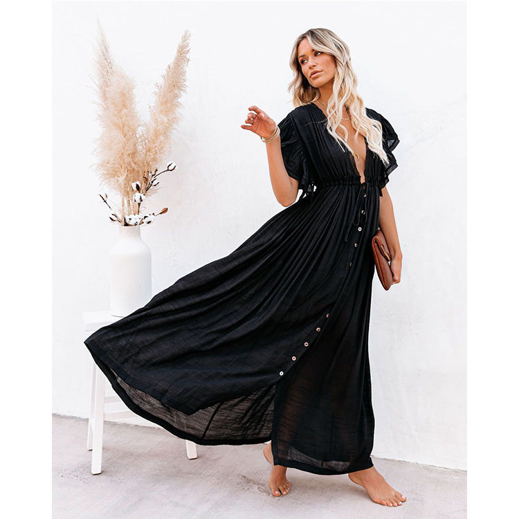 Solid Color Beach Cover-up Slubbed Fabric Button Waist Strap Long Dress Sun Protection Shirt