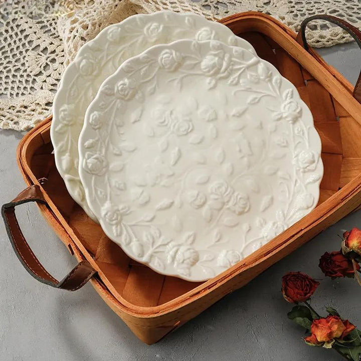 Embossed Rose Ceramic Dessert Plate