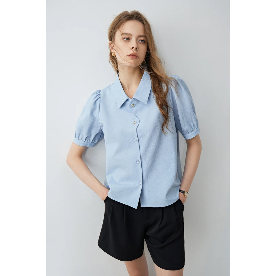 Summer French-Style Petal Placket Bubble Sleeve Top