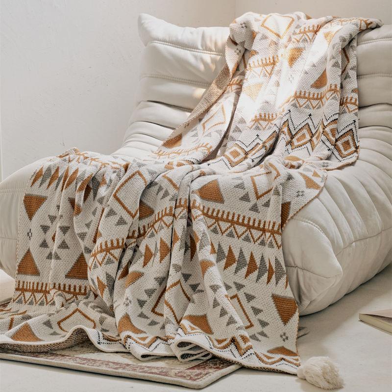 Boho Geometric Pattern Cotton Knitted Blanket – Summer Thin Breathable Comforter