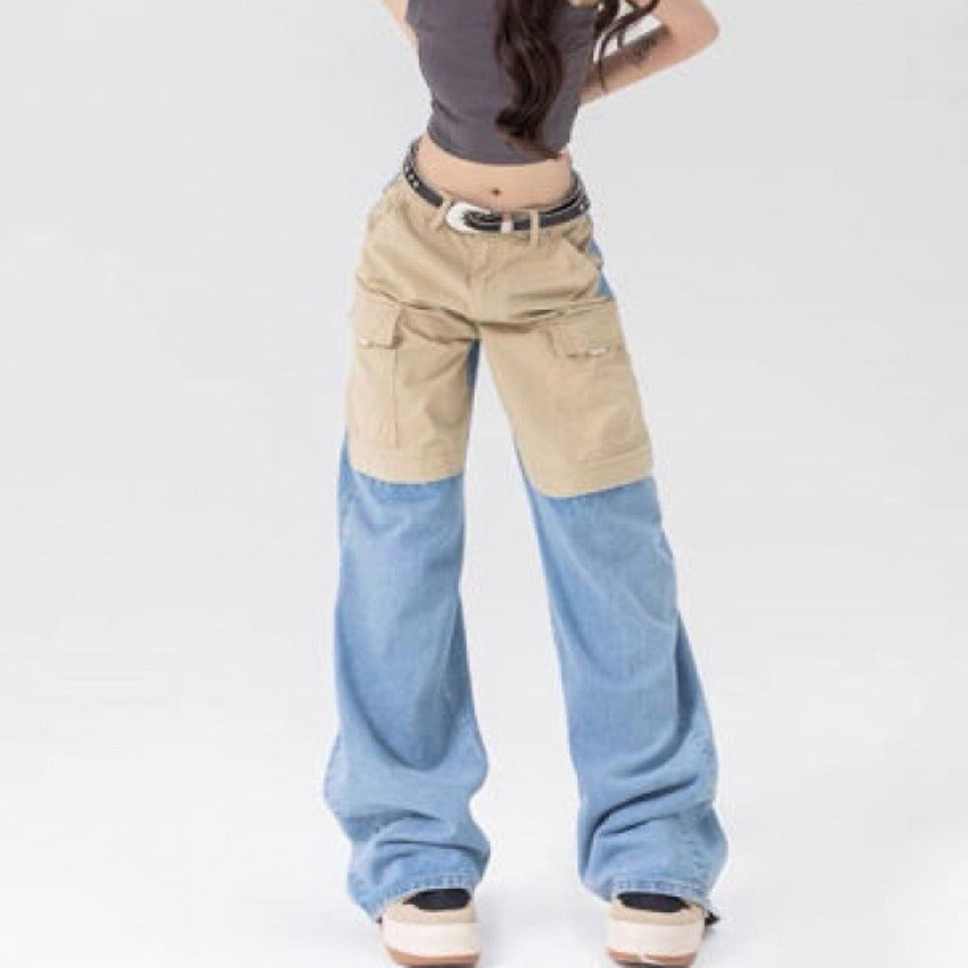 American Hot Girl Contrast Color Wide Leg Jeans Women