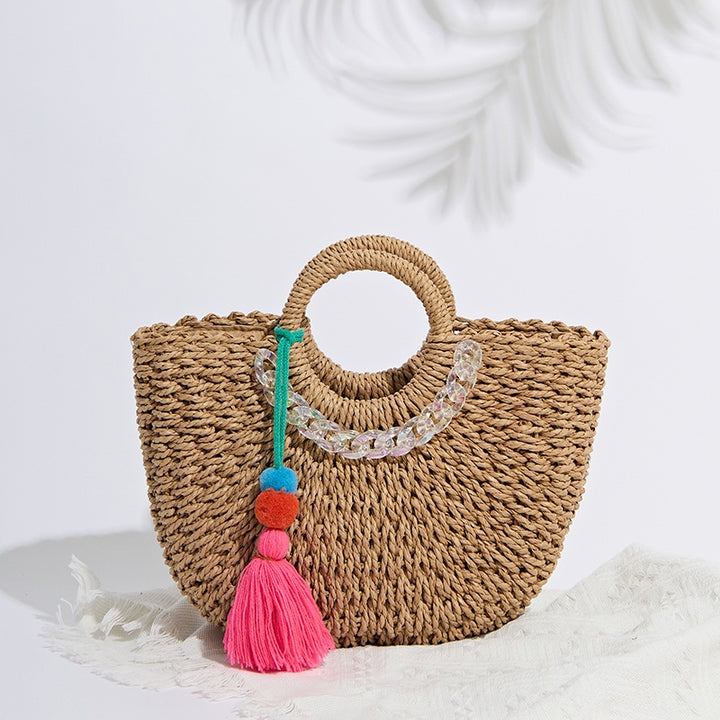 Handwoven Rattan Beach Handbag with Acrylic Chain