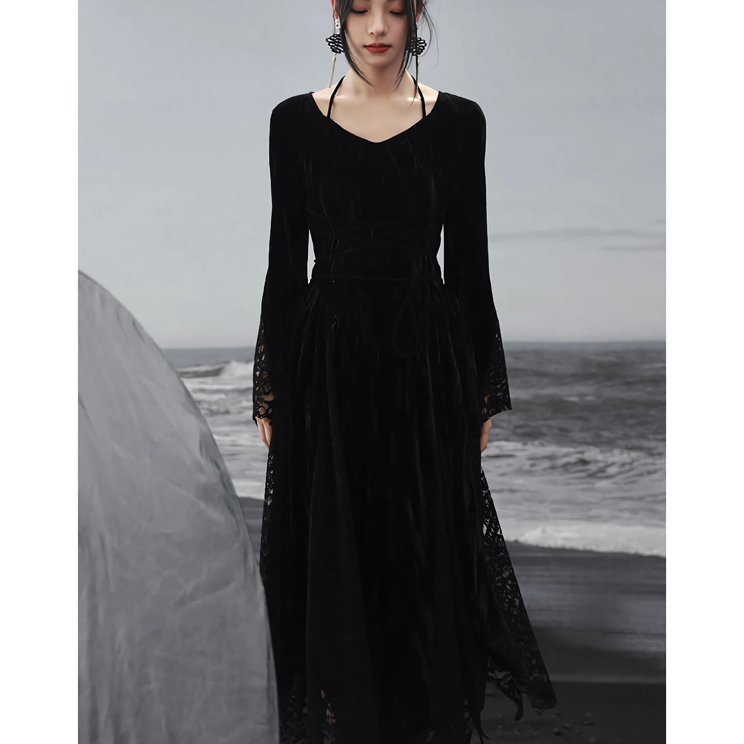 Dark Velvet Lace Splice Dress for Women - Elegant Autumn Style