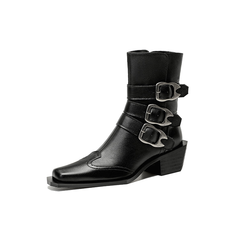 Genuine Leather Square Toe Chunky Heel Ankle Boots