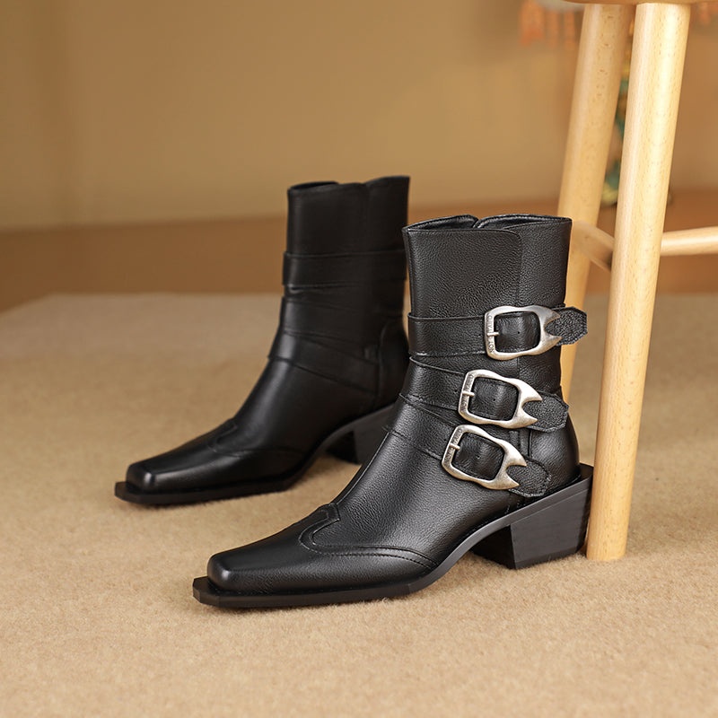 Genuine Leather Square Toe Chunky Heel Ankle Boots