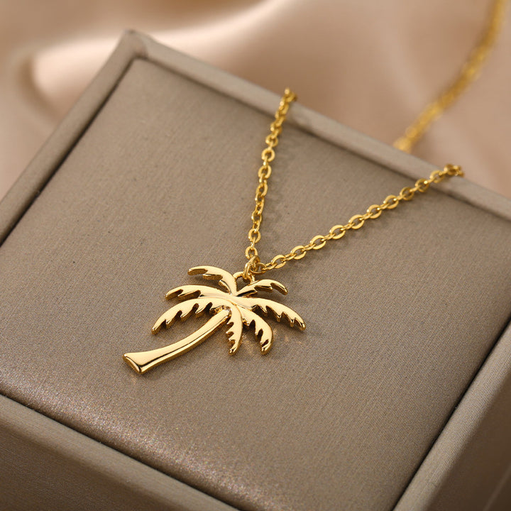 Gold Stainless Steel Palm Tree Pendant Necklace - Bohemian Summer Ocean Beach Jewelry