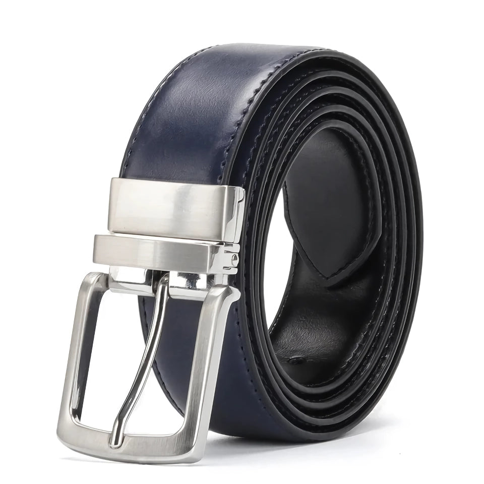 Men's Reversible Genuine Leather Belt with Rotated Buckle – Stylish Cowskin Dress Belt