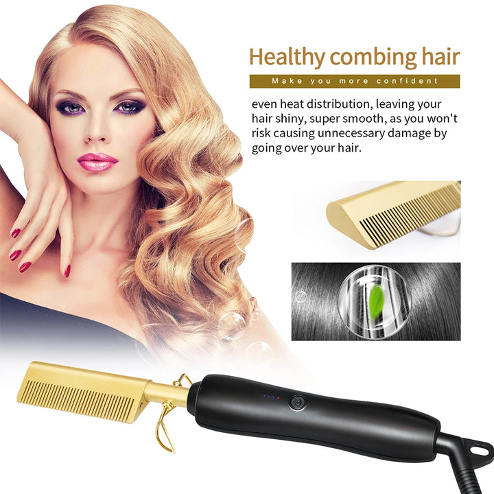 Electric Hot Comb Hair Straightening Brush with Tourmaline Ceramic