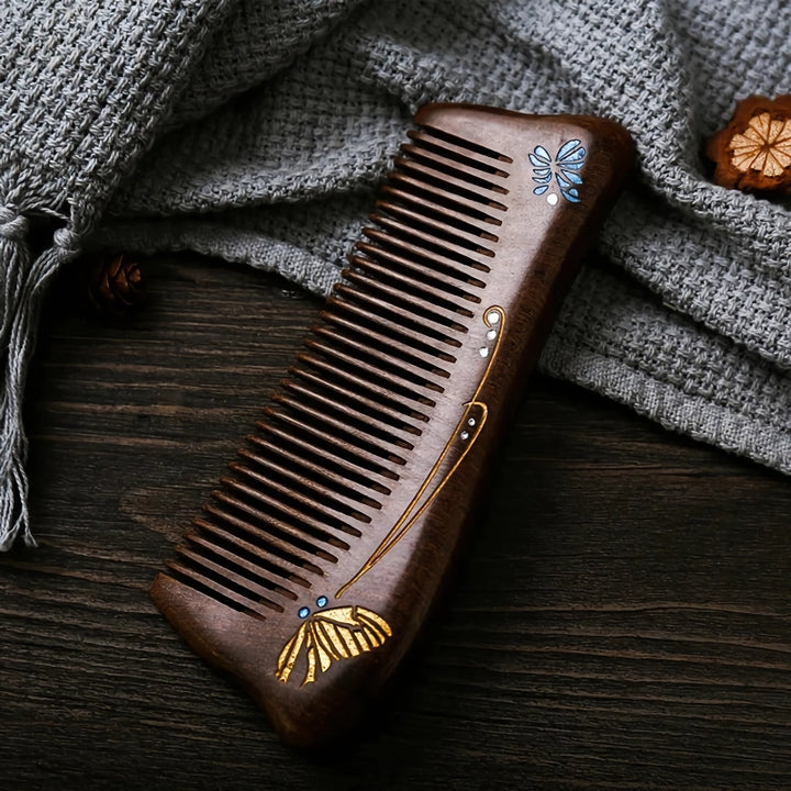 Natural Gold Sandalwood Comb with Dense Teeth