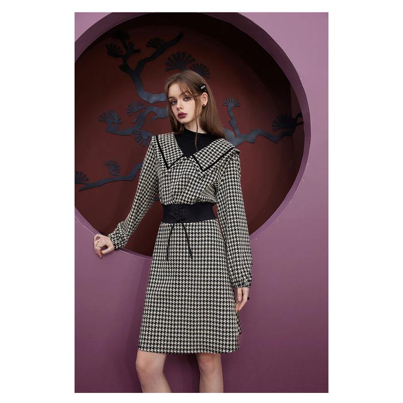 Retro Plaid Long Sleeve Knee-Length Dress