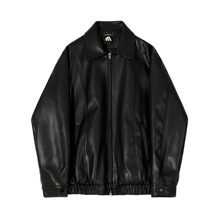 Cropped Leather Coat Male Polo Collar Top