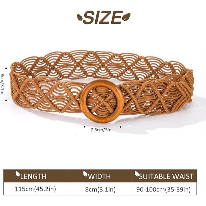 Boho Beach Woven Belt with Round Wooden Buckle