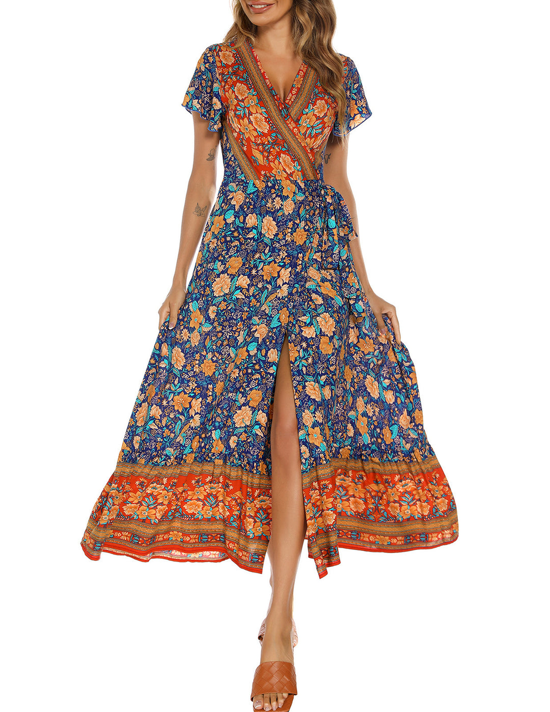 V-neck Split Bohemian Print Dress