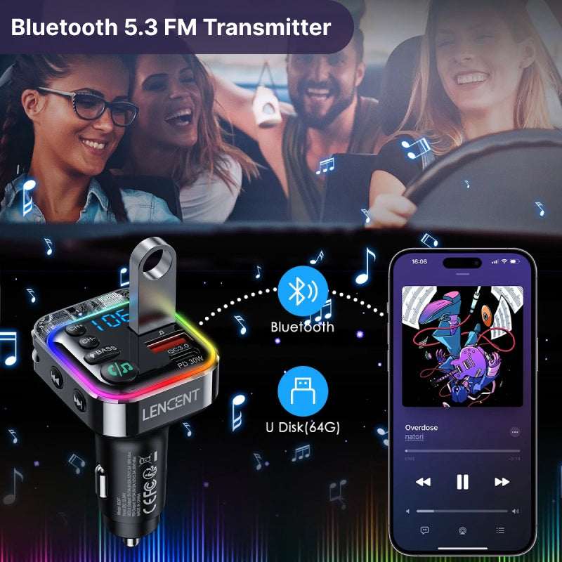 Bluetooth 5.3 FM Transmitter with 30W PD & QC3.0 Fast Charger