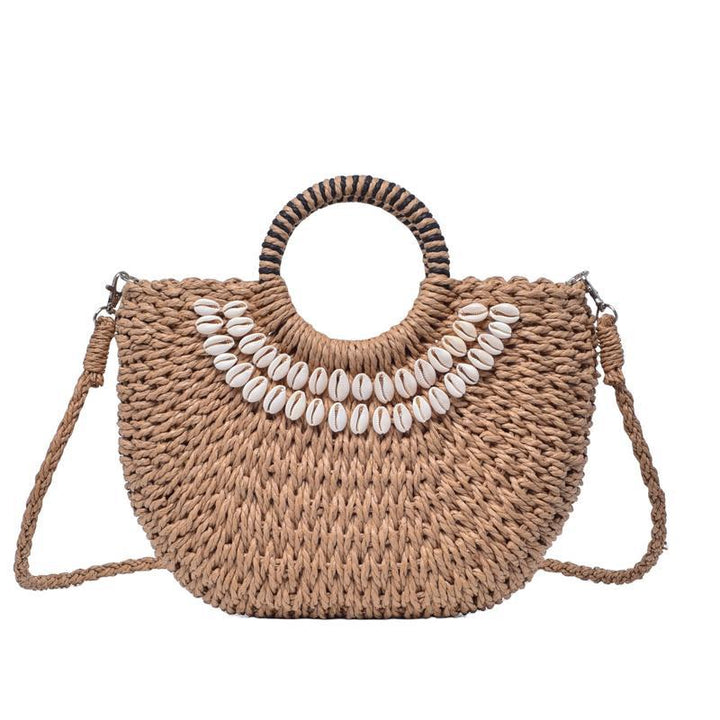 Handmade Straw Woven Seashell Beach Resort Crossbody Handbag