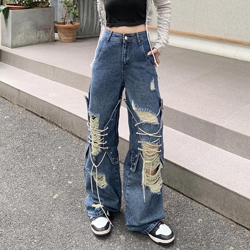 Ripped Lace-up Denim Women's High Waist Straight Wide Leg Pants