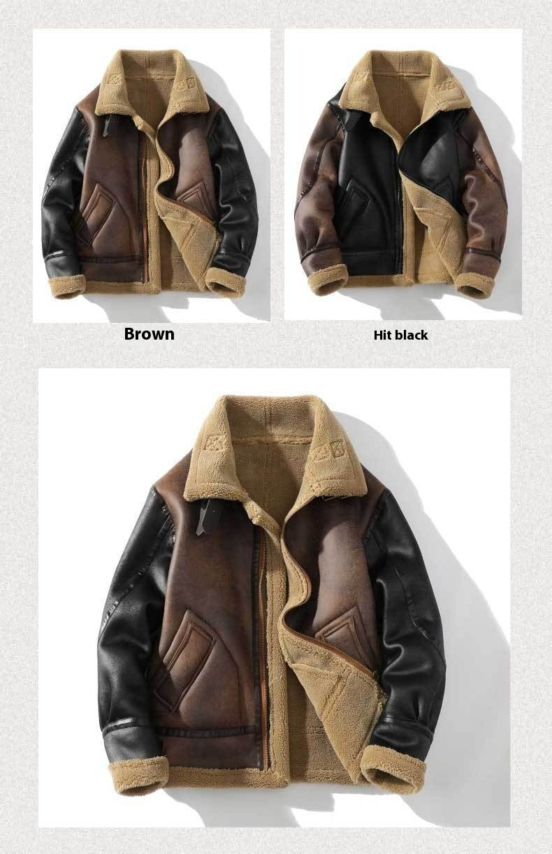 Winter Leather And Fur Jacket Men's Loose Lapels Color Matching Lamb Wool Velvet Padded Thickened Coat