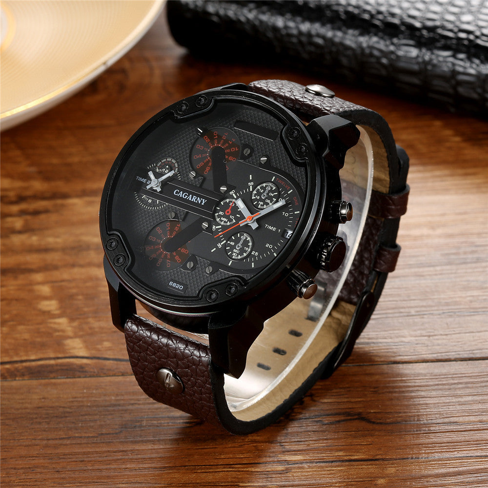 Watch Men's Quartz Watch Double Time Zone Large Dial Black Shell Leather