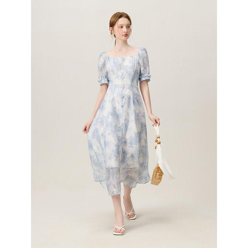 Summer Elegance: Blue Floral Mid-Calf Dress for Women