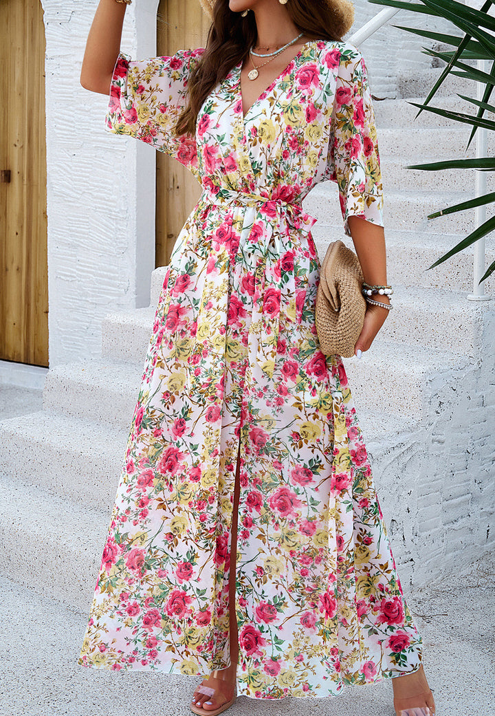 Elegant V-Neck Printed Dress with Cinched Waist