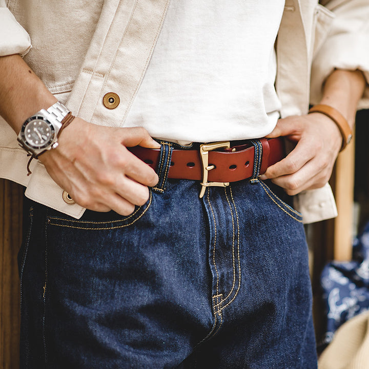 Men's Classic Cow Leather Belt with Retro Pin Buckle