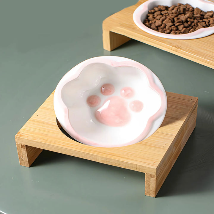 Cartoon Paw Design Raised Pet Bowls with Wooden Stand