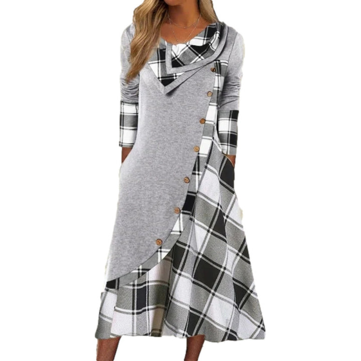 Women's Clothing European And American Amazon Printed Plaid Stitching Button Strip Pocket Heap Collar Long Sleeves Dress