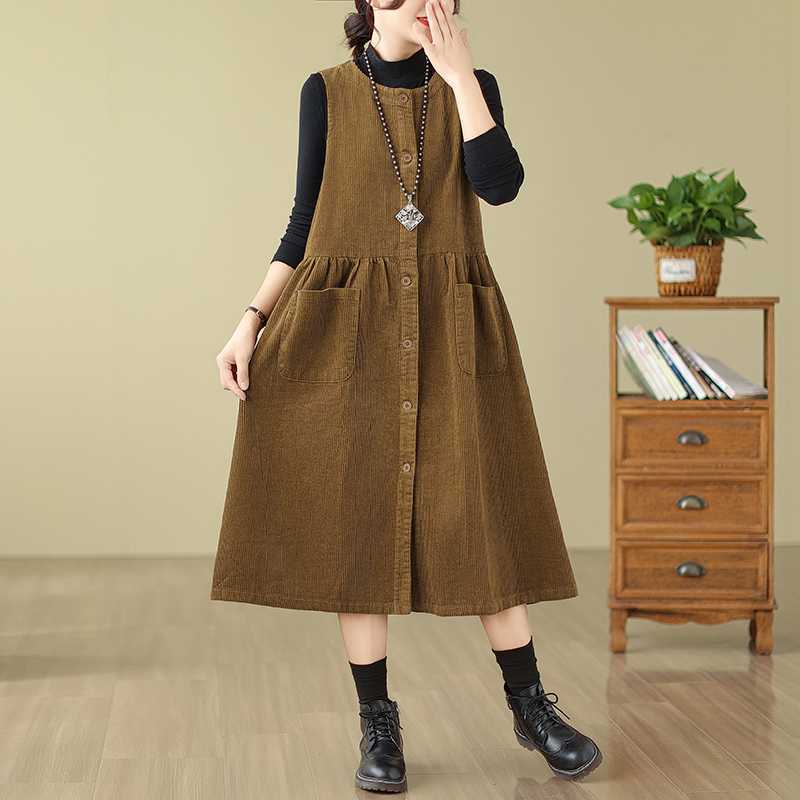 Corduroy Tank Dress Loose Youthful-looking