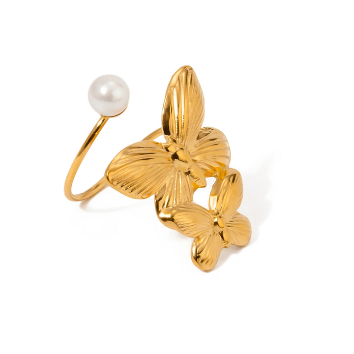 18K PVD Plated Stainless Steel Double Butterfly Pearl Asymmetrical Ring