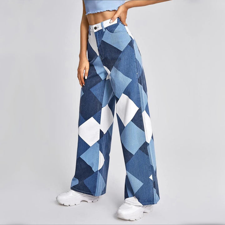 Casual High-waisted Large Straight Leg Printed Denim Pants