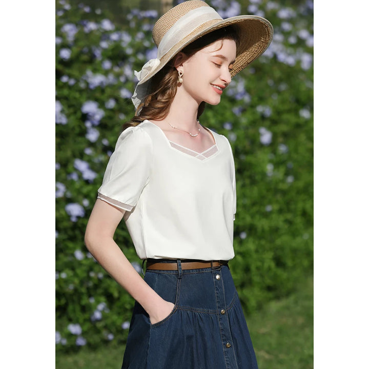 Square Neck Slim-Fit T-Shirt with Puff Sleeves