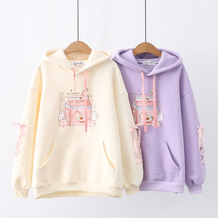 Cartoon Peach Drink Bunny Print Fleece Pullover Ladies Sweater